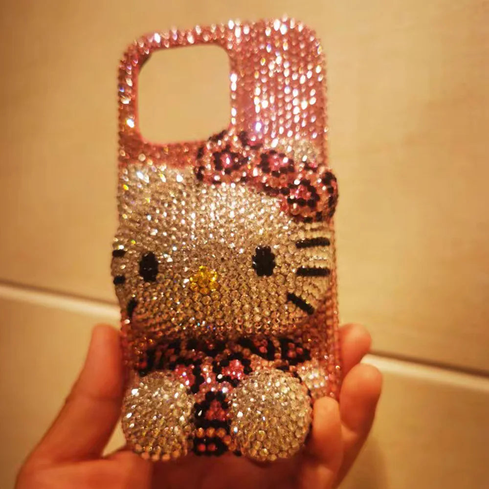 Hello Kitty Rhinestone Bling Crystal Phone Case Chain For iPhone17 16 15 14 13 12 11Pro Max X Xs XR 7 8 Plus Transparent Bumper
