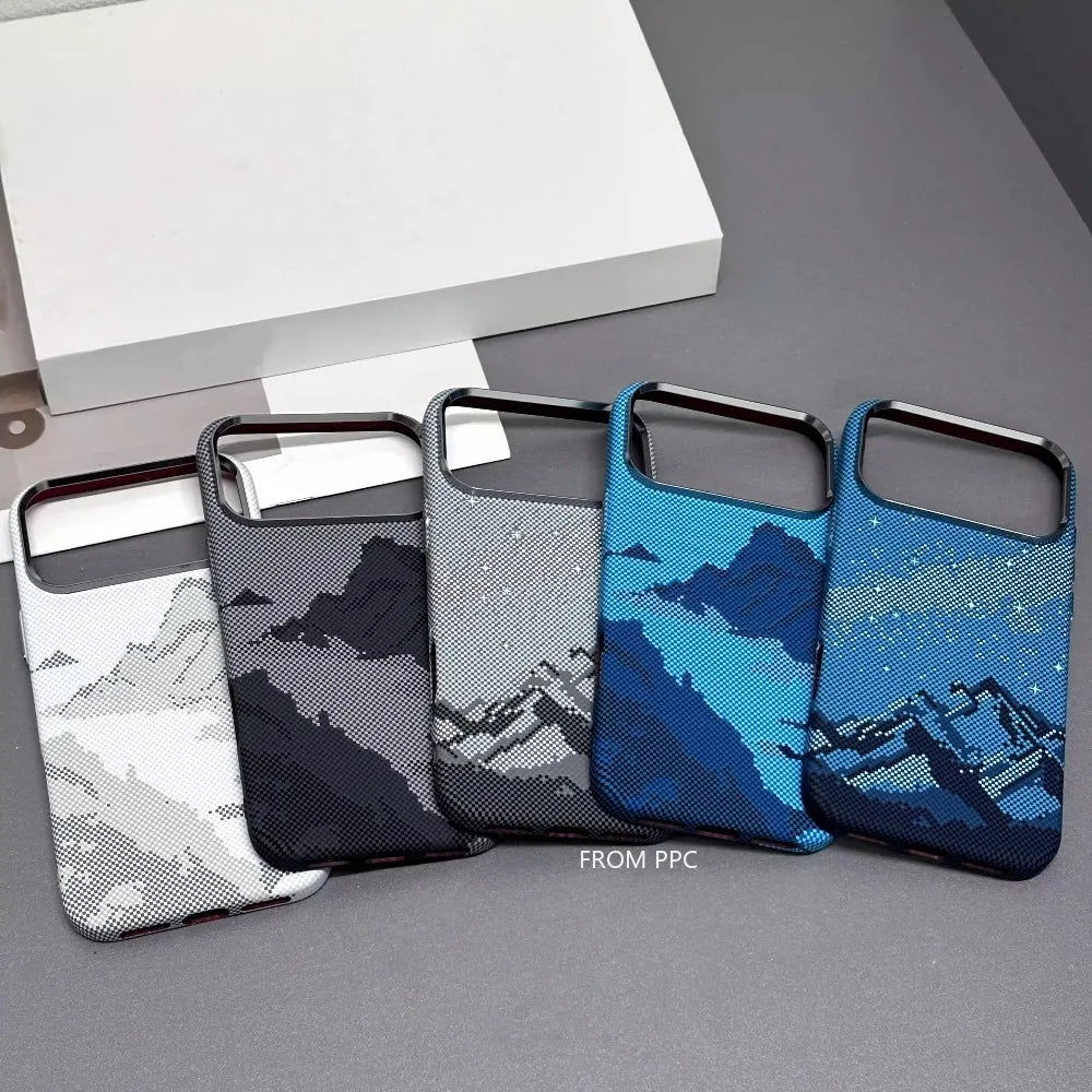 Snow Mountain Magnetic Case for iPhone 17 Pro Max Carbon Fiber Hard PC Magnets in Back Cover Camera Metal Lens Protection Shell