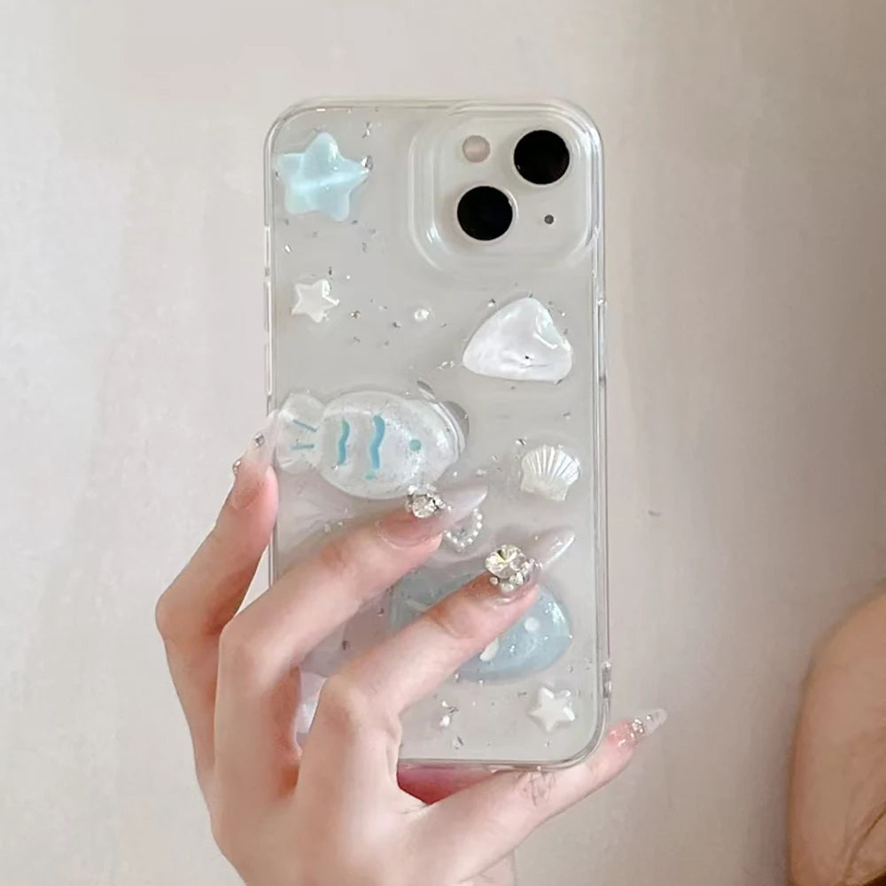 Cute 3D shell fish Phone Case For iPhone 17 16 15 14 13 12 11 Pro Max Silver foil Transparent Shockproof Soft Silicone Cover
