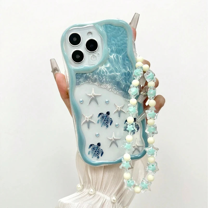 Summer Turtle Marine Elements Wavy-edge Phone Case For iPhone 17 16 15 14 13 12 11 Pro Max Plus 17E Clear Bead String Soft Cover