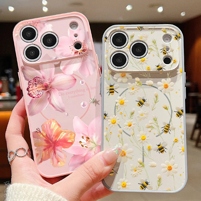 Realistic Flower Pattern Magnetic Case For iPhone 17 16 15 14 13 Pro Max For Magsafe Wireless Charge Shockproof Hard Phone Cover