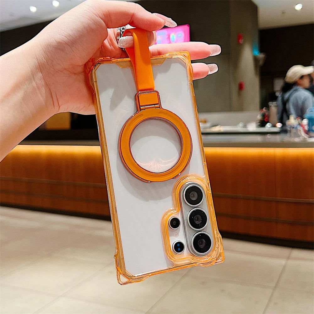 Acrylic Clear Magnetic Stand Strap Phone Case for Samsung Galaxy S26 S25 S23 Ultra S24 Plus for Magsafe Airbags Shockproof Cover