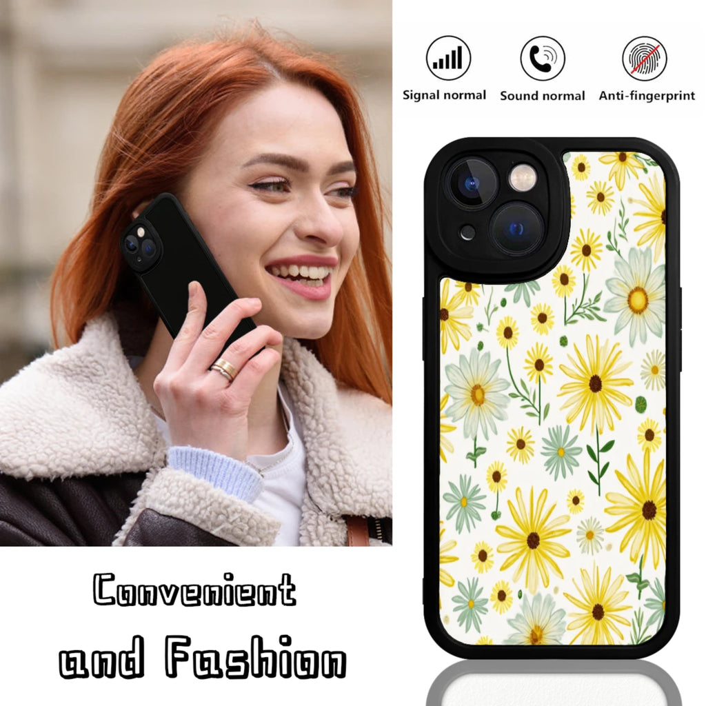 Floral Phone Case Black Yellow And White Daisy Pattern For Iphone X To Iphone 16 Pro Max Outdoor And Daily Use