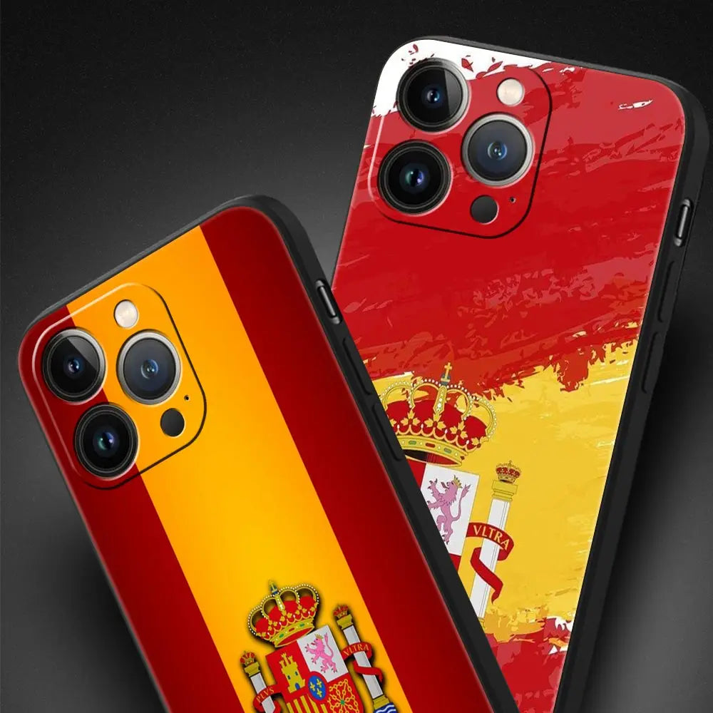 spain flag Luxury Phone Case For iPhone 13 15 14 12 Mini 11 Pro MAX XR X SE XS 7 8 Plus Silicone Black Protection Cover