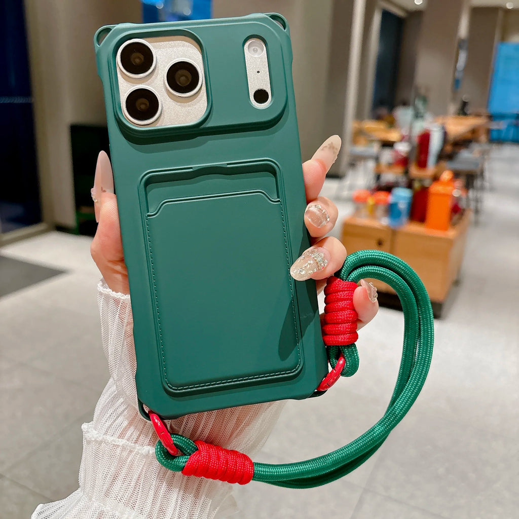 Four Corner Holes Detachable Hand Wrist Lanyard Phone Case For iPhone 17 16 15 14 13 12 11 Pro Max Plus Mini Air Card Slot Cover