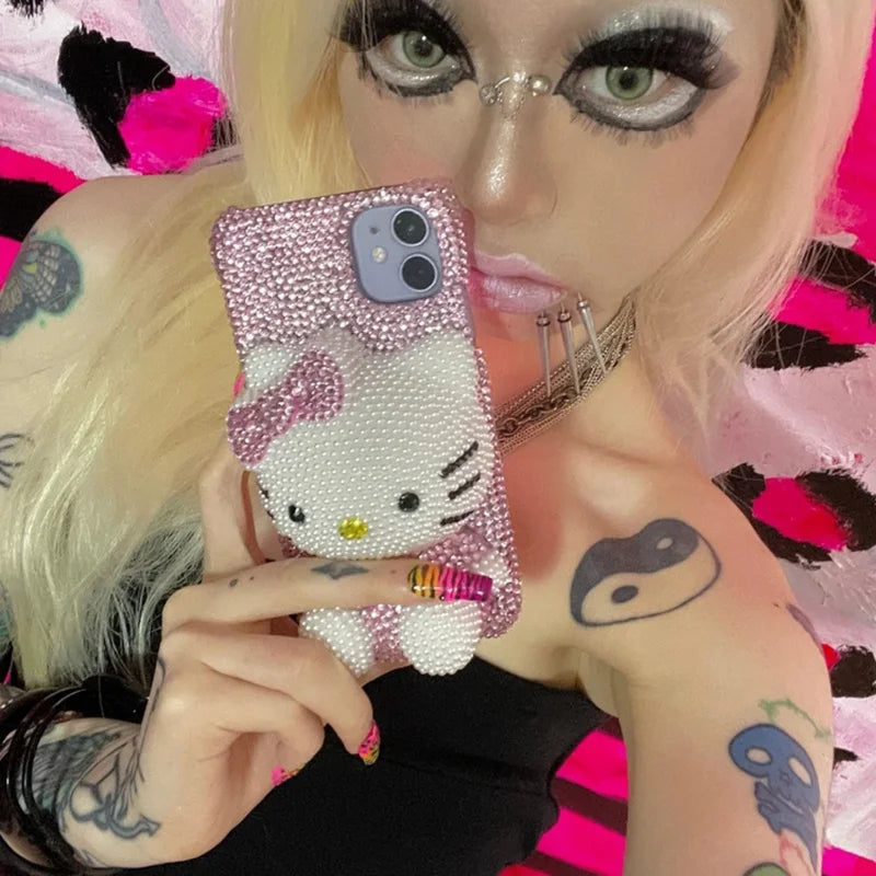 Hello Kitty Rhinestone Bling Crystal Phone Case Chain For iPhone17 16 15 14 13 12 11Pro Max X Xs XR 7 8 Plus Transparent Bumper