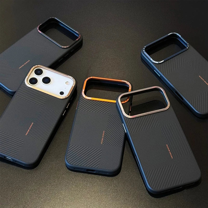 Carbon Fiber Texture for MagSafe Phone Case for iPhone 17 17Pro Max 16 15 14 Magnetic Alloy Lens Wireless Charging Frosted Cover
