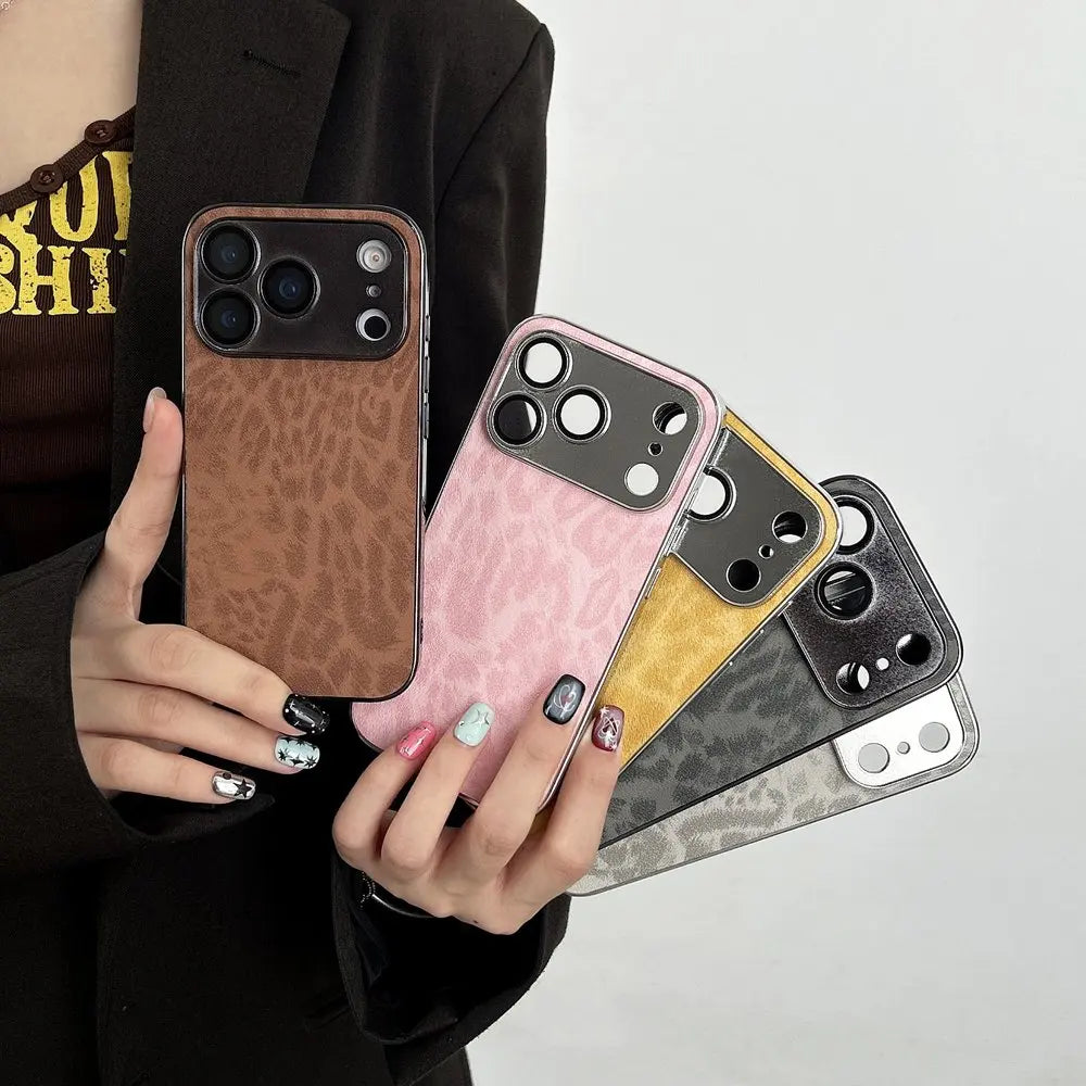 Luxury Leopard Print Phone Case For iPhone 17 Air 11 12 13 14 15 Pro Max 16 Plus Leather Texture Shockproof Bumber Cases Cover