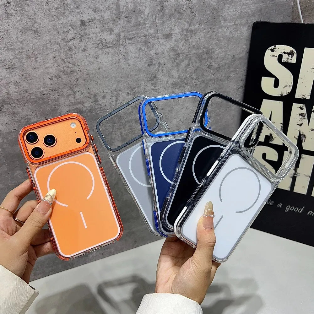 Luxury Two Tone Border Transparent Strong Magnetic Case for IPhone 17 Pro Max Air 16 Plus 15 14 13 12 Pro Max For Magsafe Cover