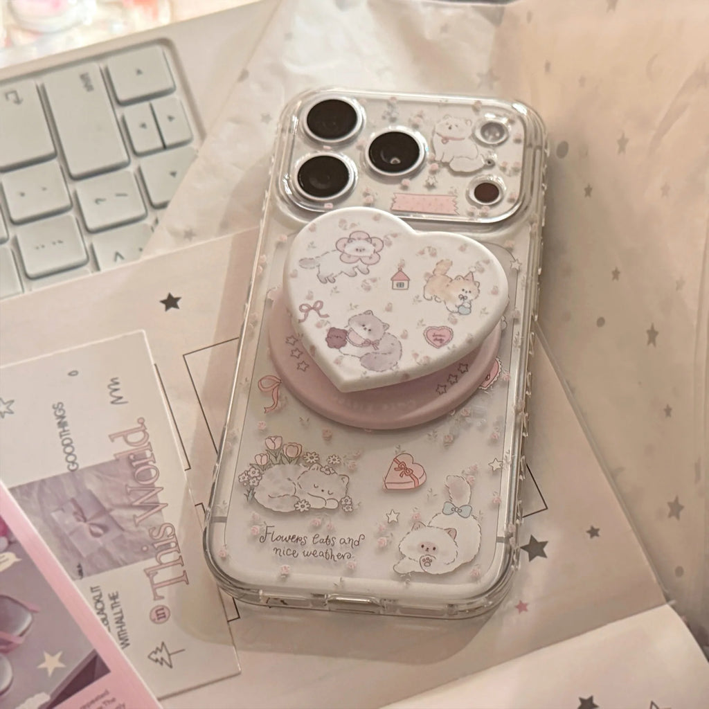 Korean Cartoon Kitten Love Heart Magnetic Bracket Phone Case For iPhone 17 16 15 14 13 12 Pro Max Clear Shockproof Soft Cover