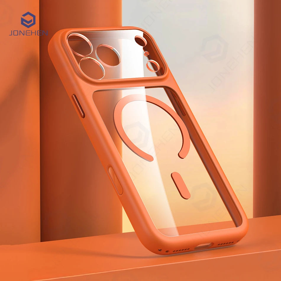 Magnetic Business Simplicity Shockproof Orange Bumper Camera Button Case For iPhone 17 16 15 14 Pro Max Clear Cover For Magsafe
