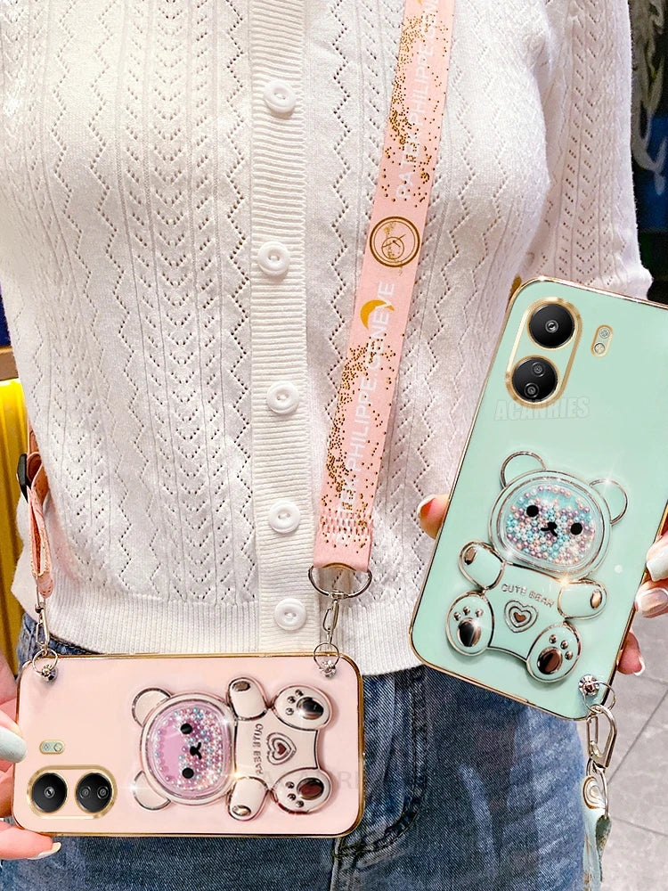 Redmi13c Crossbody Lanyard Bear Silicone Case On For Xiaomi Redmi 13 13c 12c 12 4g 10 10a 10c 9 9a 9c A3 A2 A1 Plus Holder Cover
