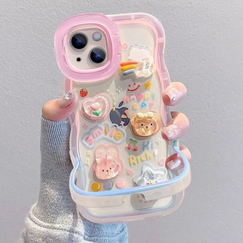Cartoon 3D Bracket Phone Holder Case For iPhone 16 17 15 14 13 12 11 Pro Max Plus X XS XR Rainbow Love Heart Holder Stand Cover