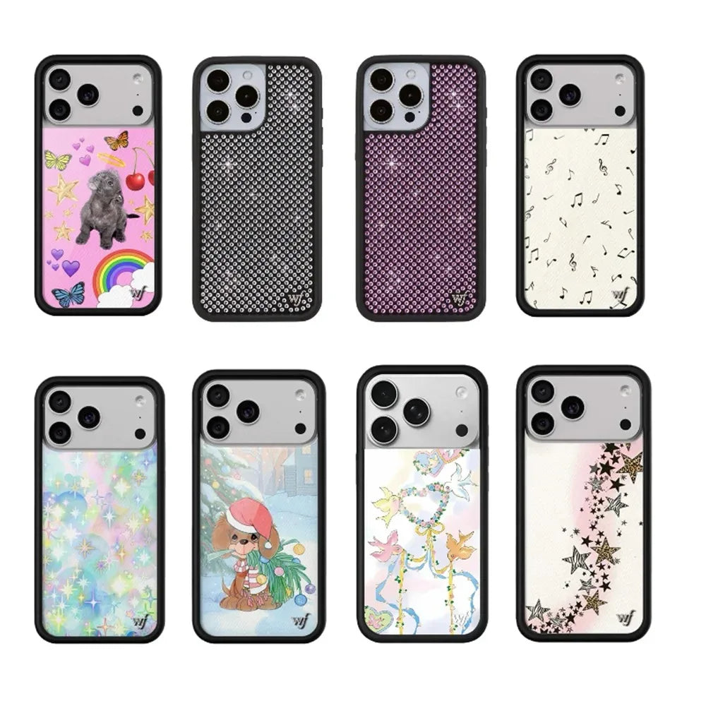 Wildflower Cute Cherry puppy Phone Case Flash Diamond For iPhone 11 12 13 14 15 16 17 Pro Max Plus INS Shiny Star Leopard Cover