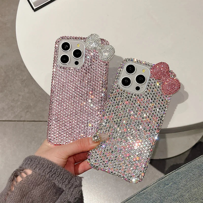 The Sparkling Diamond water diamond bow phone case is suitable for iPhone17pro 15, 14, 13, 16ProMax phone cases