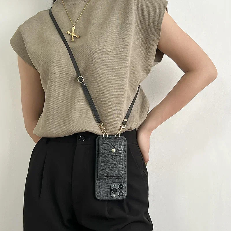 Lanyard Crossbody Strap Leather Phone Case for iPhone 17 Air 16 15 Plus 14 13 12 11 Pro Max  Wallet with Card Holder Cover