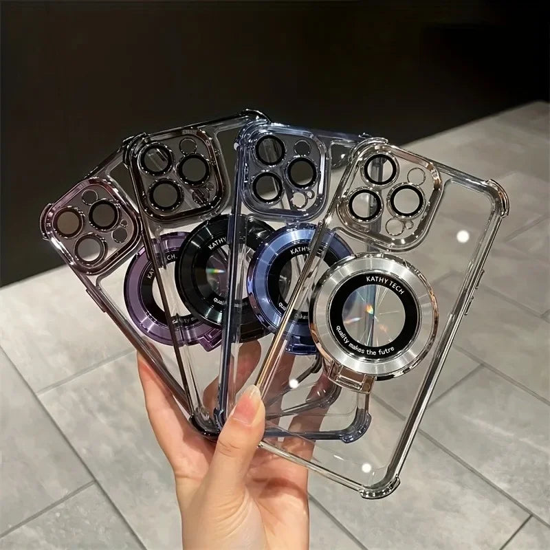 Luxury Plating Shockproof Magnetic Bracket For Magsafe Clear Case For iPhone 17 15 16 14 13 12 11 Pro Max Air Holder Stand Cover