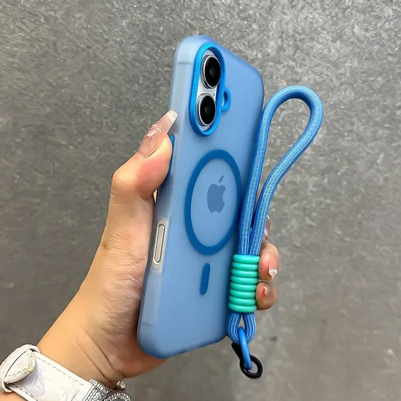for Magsafe Candy Color Contrast Lanyard Case for iPhone 16 15 14 11 12 13 Pro Max Plus 16e Hand Wrist Strap Matte Soft Cover
