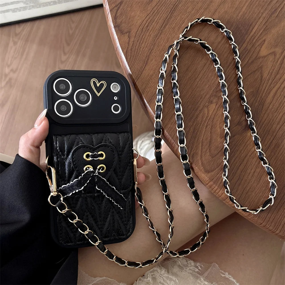 Crossbody Necklace Strap Metal Leather Lanyard Phone Case For iPhone 17 16 15 14 13 12 11 Pro Max Air 7 8 Plus XS Wallet Cover