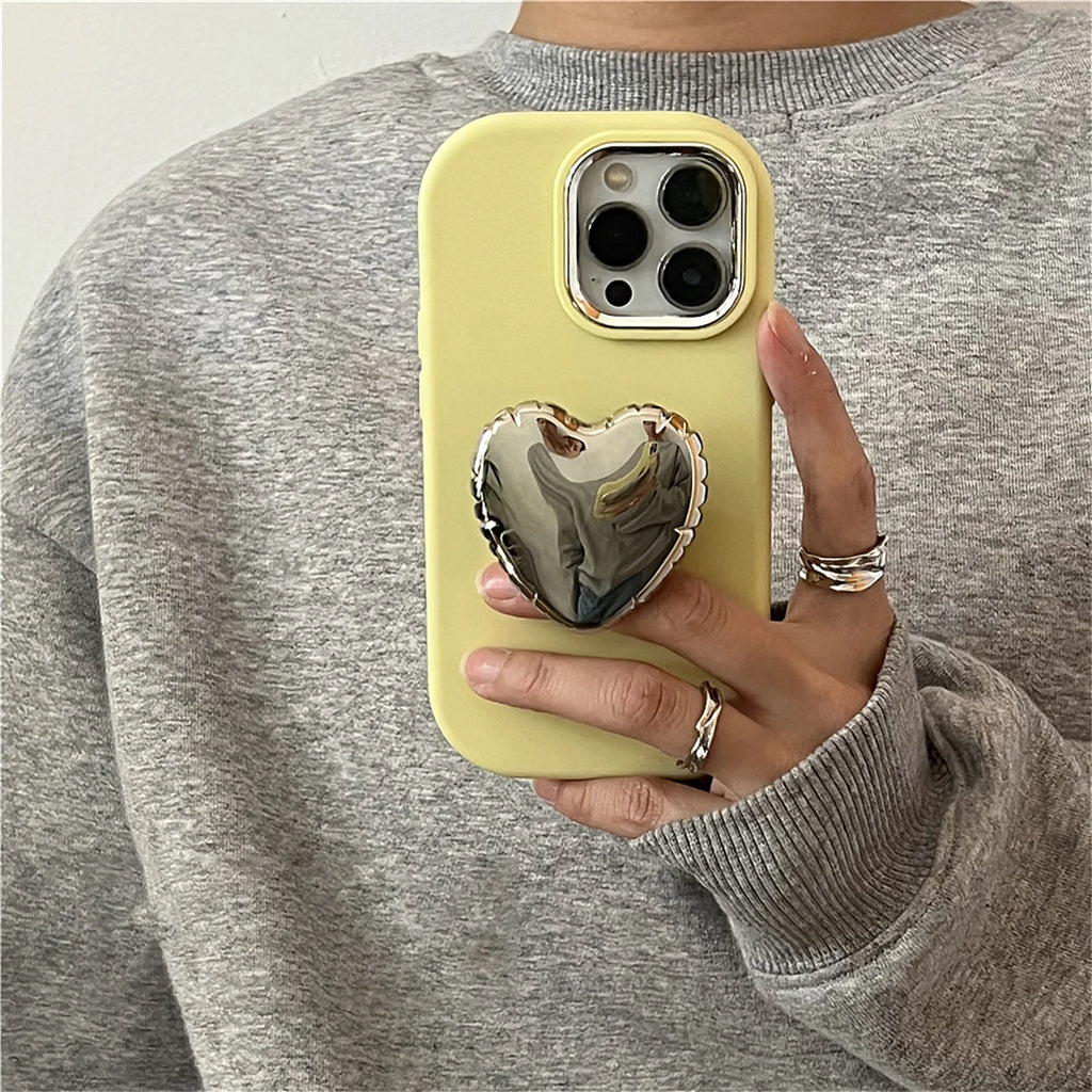 Senior Luxury Exquisite Yellow Phone Case with Bright Love Heart Bracket for iPhone 17 16 15 14 13 Pro Max Back Cover