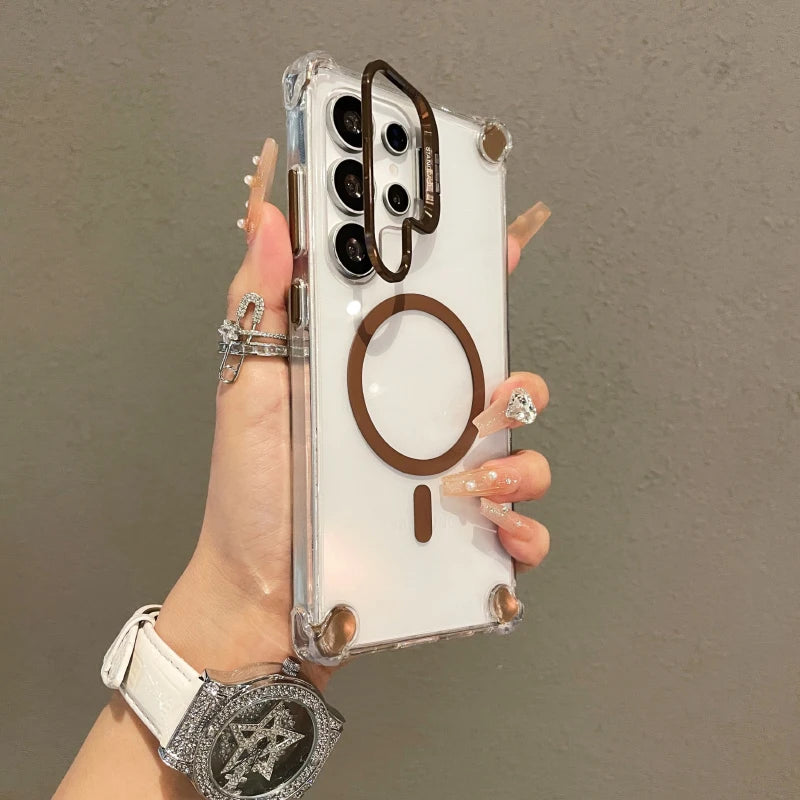 For Magsafe Magnetic Lens Bracket Four Corner Anti Fall Bumper Phone Case For Samsung S25 Ultra S23 S24 Ultra Acrylic Back Cover