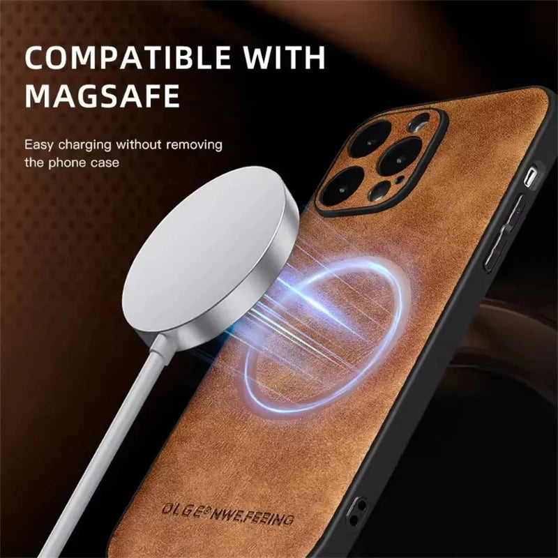 Leather For Magesafe Phone Cases For iPhone 17 13 12 11 Pro Max 17 Air 16E Wireless Charging Case For iPhone 16 15 14 Plus Cover