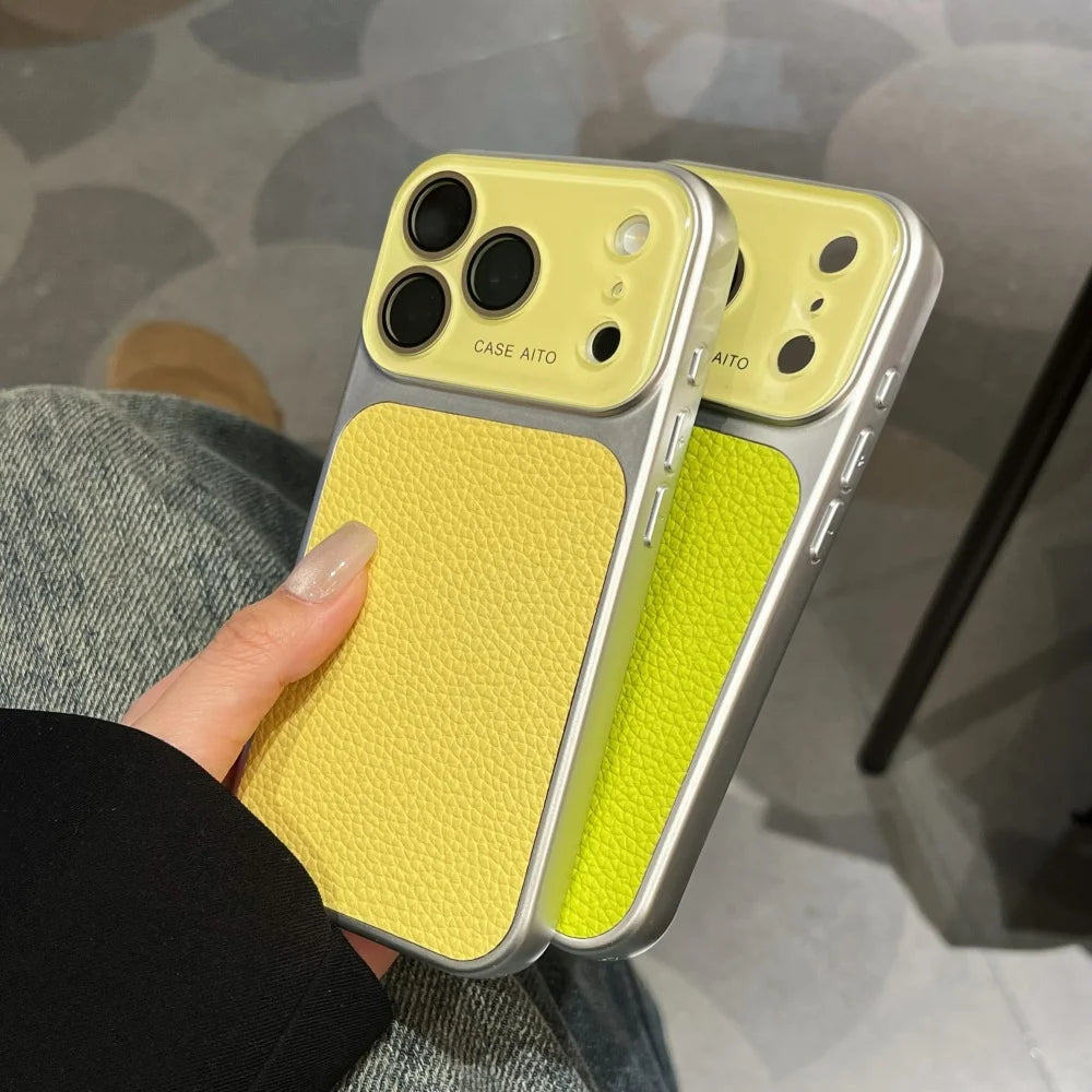 Luxury Lychee Leather PU Phone Case For iPhone 17 16 15 14 Pro Max Frosted Full Bumper Large Window Silvery Frame Non Slip Cover