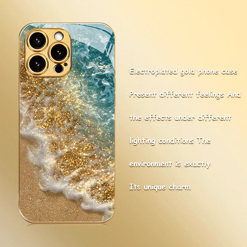 The new seaside beach pattern electroplated glass phone case is suitable for iPhone 17, 16, 15, 14, 13, 12, 11, etc.
