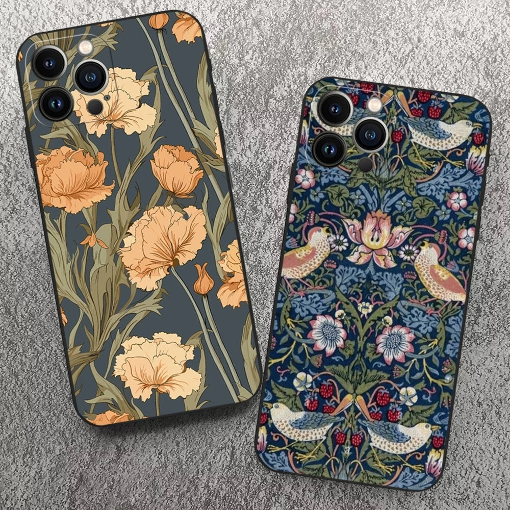 William Morris Strawberry Thief Design Phone Case for Iphone 17 16 15 14 13 12 11 Pro Max Xr X Xs Mini Plus Black Soft Silicone