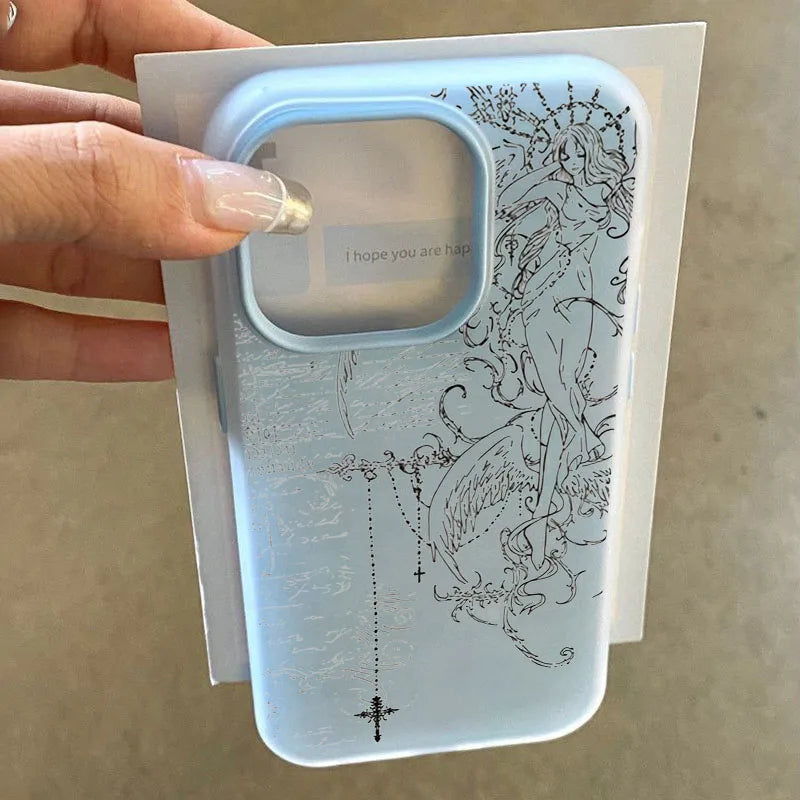 Gothic Style Angel Cross Line Drawing Phone Case For iPhone 11 12 13 14 15 16 17 Pro Max XS X XR 16E 17Pro 17Air 7 8 Plus Cover