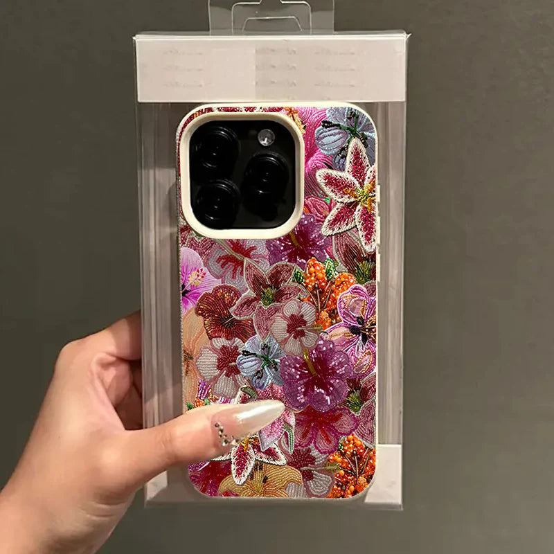 Luxurious Beaded Flower Lychee Texture Phone Case For iPhone 17 16 15 14 13 12 11 Pro Max 14 15 Plus 17Air Silicone Soft Cover