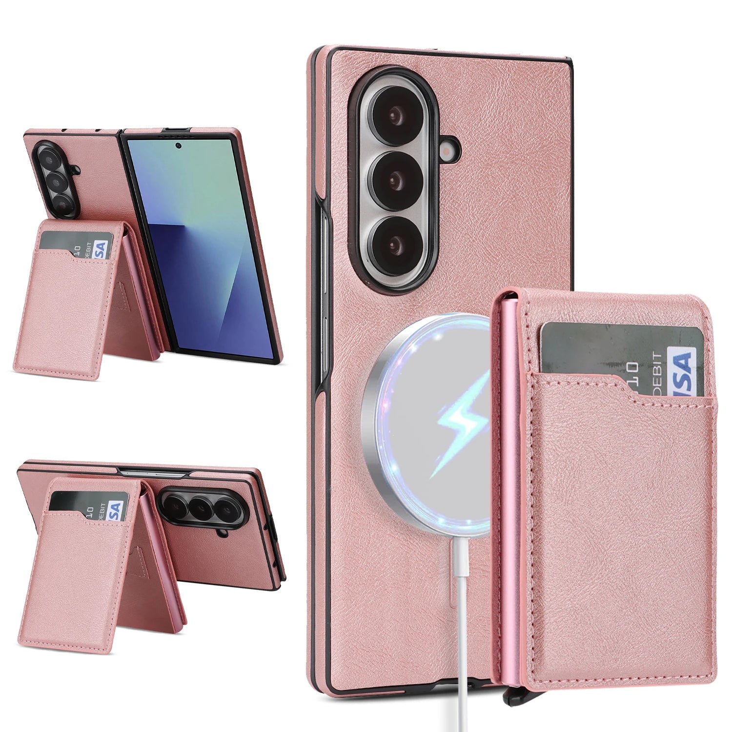 2 in 1 Wireless Charging Leather Case For Samsung Galaxy Z Fold 7 6 5 4 3 Fold7 Magnetic Card Slots Cards Holder Phone Cover