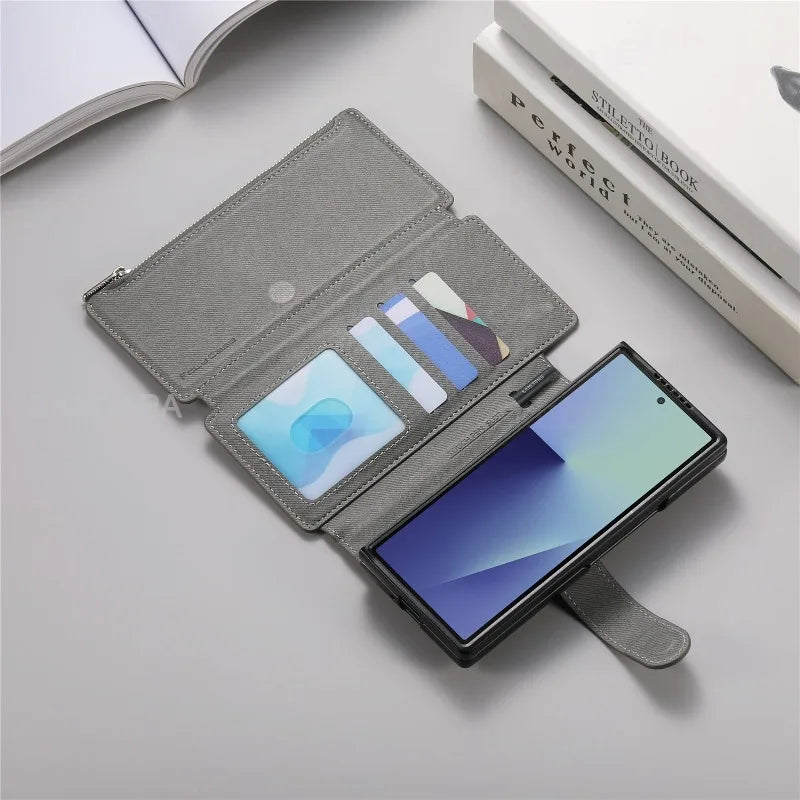 Zipper Wallet Magnetic Cover for Samsung Z Fold 7 Fold6 Fold5 Fold4 Fold3 Magsafe 2 in 1 Flip Leather Stand Holder Phone Bag