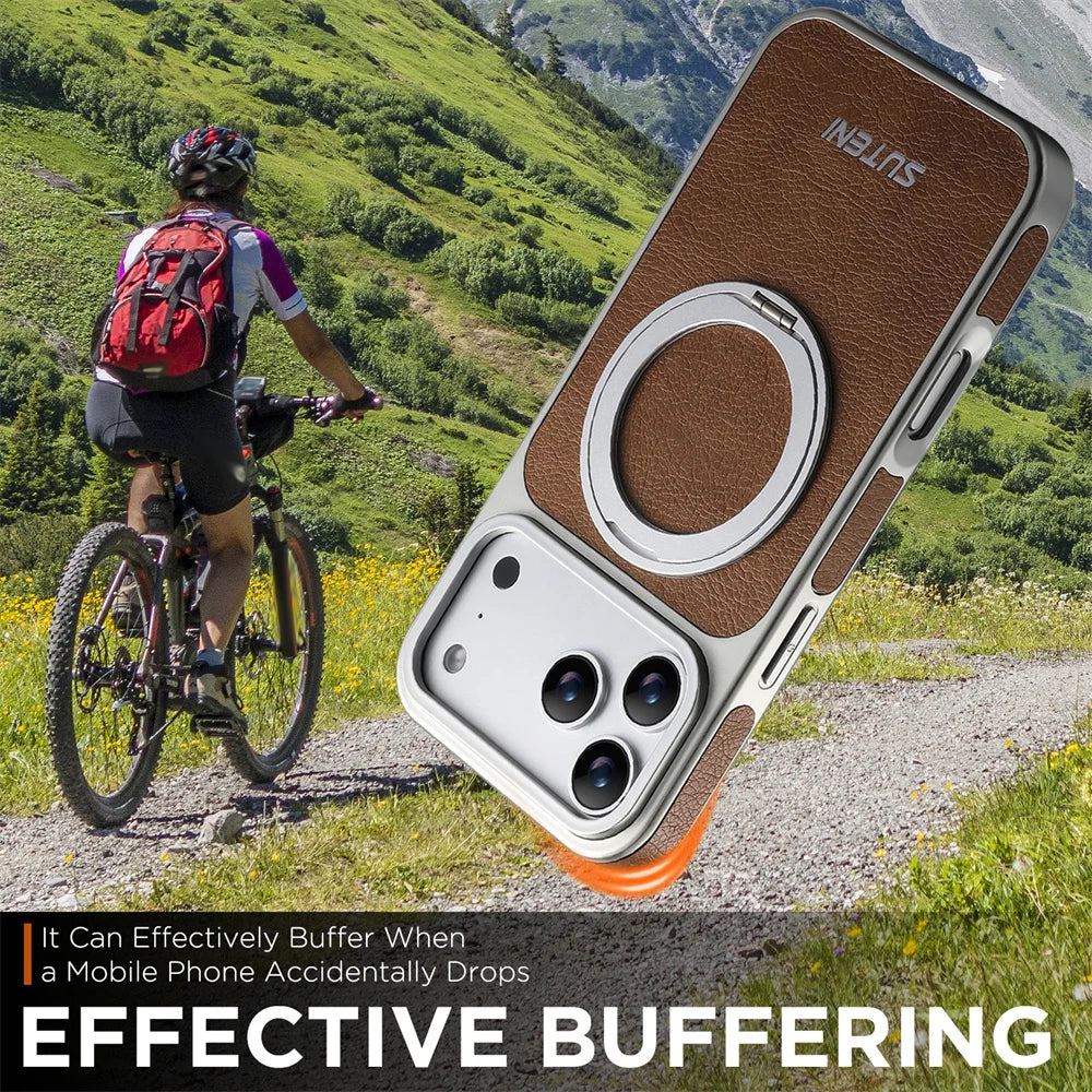 Rotating Magnet Ring Fold Stand Leather Magnetic Phone Case For Apple iPhone 17 16 15 14 13 Pro Max Silver Plating Armor Cover