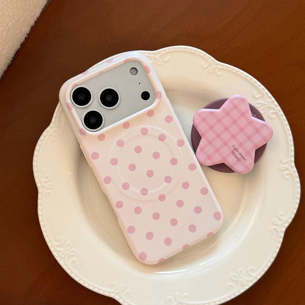Korean Full Screen Polka Dots With Plaid Stars Magnetic Bracket Phone Case for iPhone 17 16 15 14 Pro Max Shockproof Soft Cover