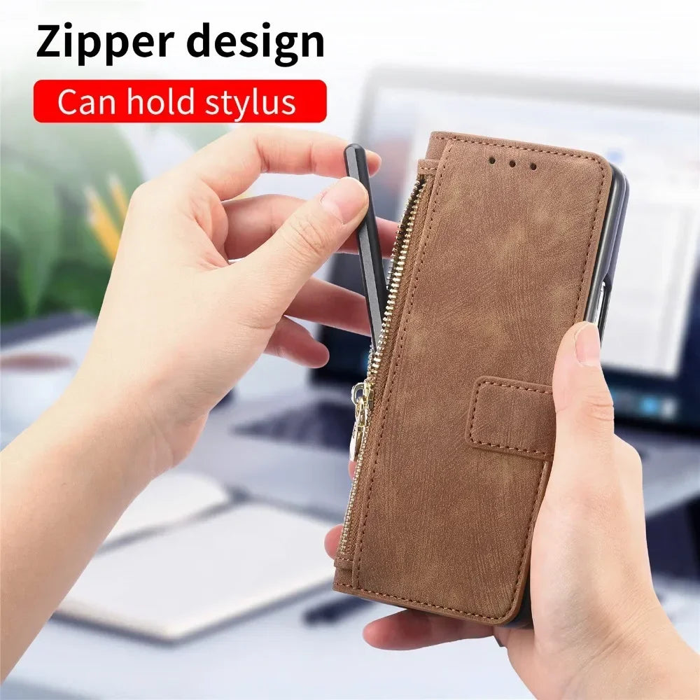 2 in 1 Detachable Zipper Cards Solt Wallet Phone Case for Samsung Galaxy Z Fold 7 6 5 4 3 Fold7 Fold6 Fold5 Fold4 Leather Cover