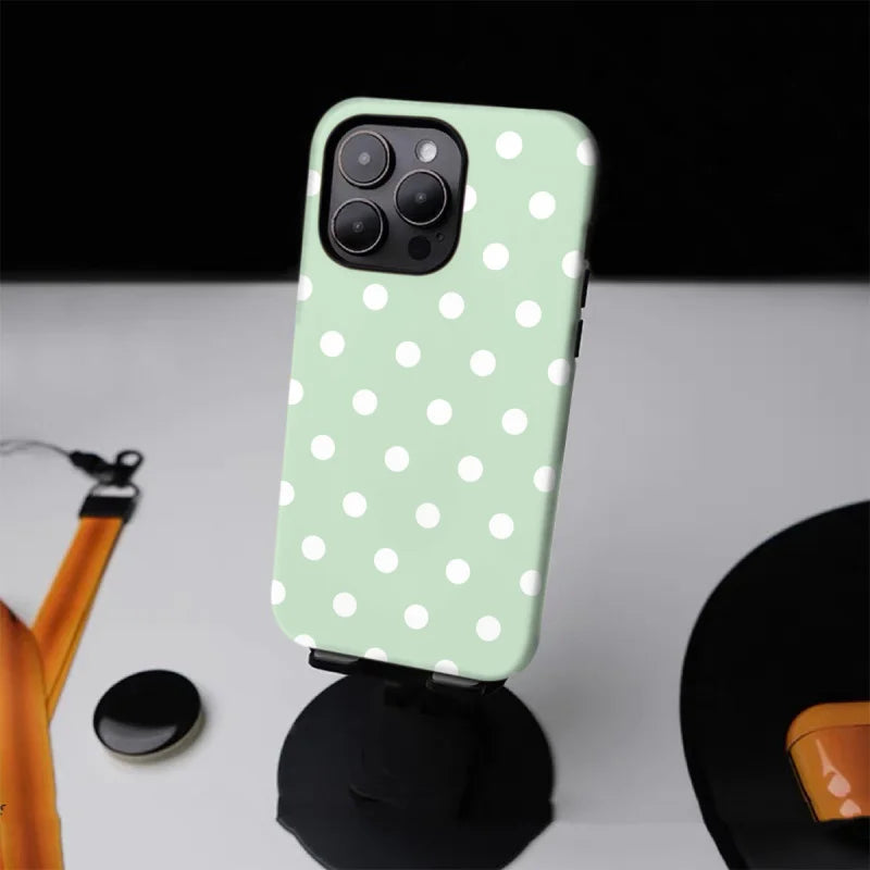 Fresh green polka dots ﻿Phone Case suitable for iPhone 17 16ProMax 15 14 14 12mini 7Plus XR 2in1 tough glossy case