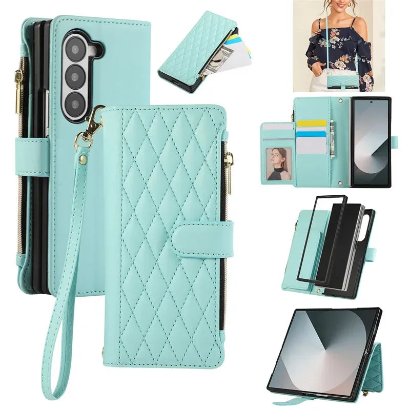 Zipper Wallet Flip Leather Phone Case For Samsung Galaxy Z Fold 7 6 5 4 S26 Ultra S25 FE S24 Plus S23 S22 S21 Multi Card Cover