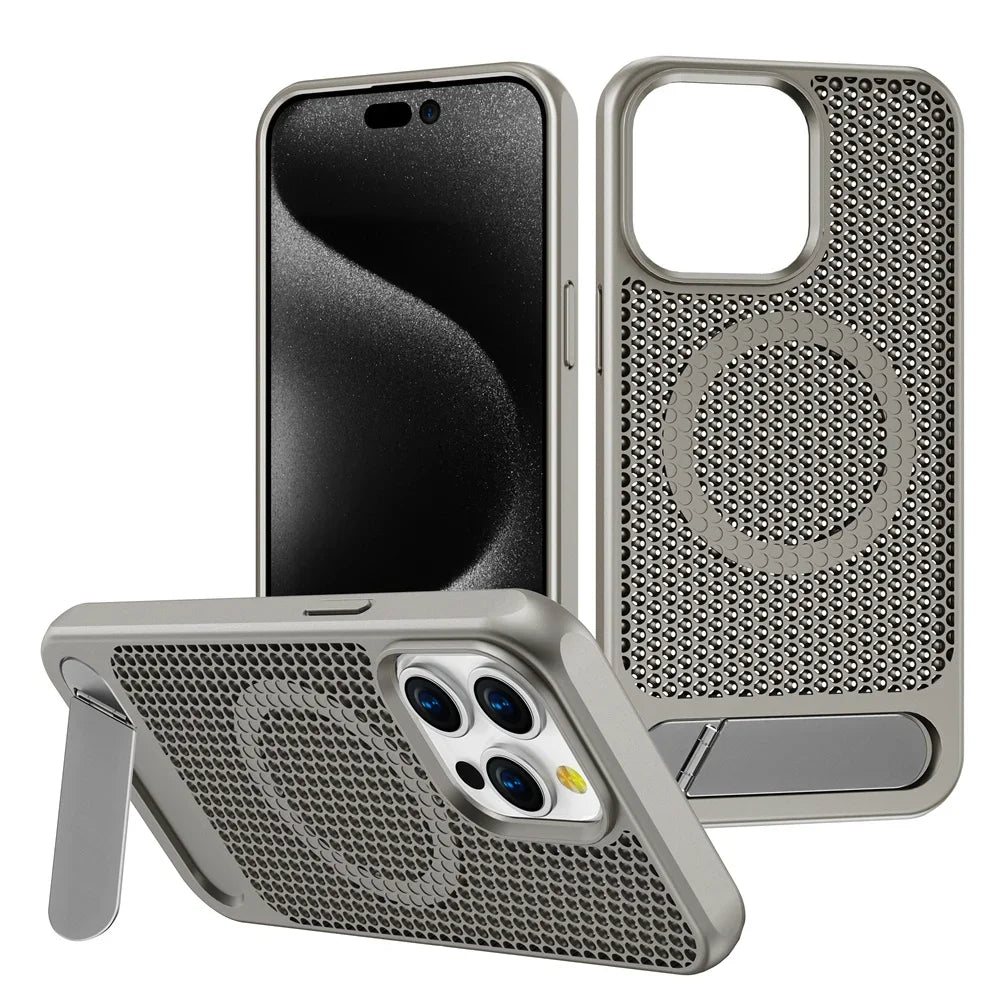 Luxury Cooling Stand Magnetic Phone Case For iPhone 15 14 13 11 12 16 Pro Max Heat Dissipation Plain Color Shockproof Back Cover