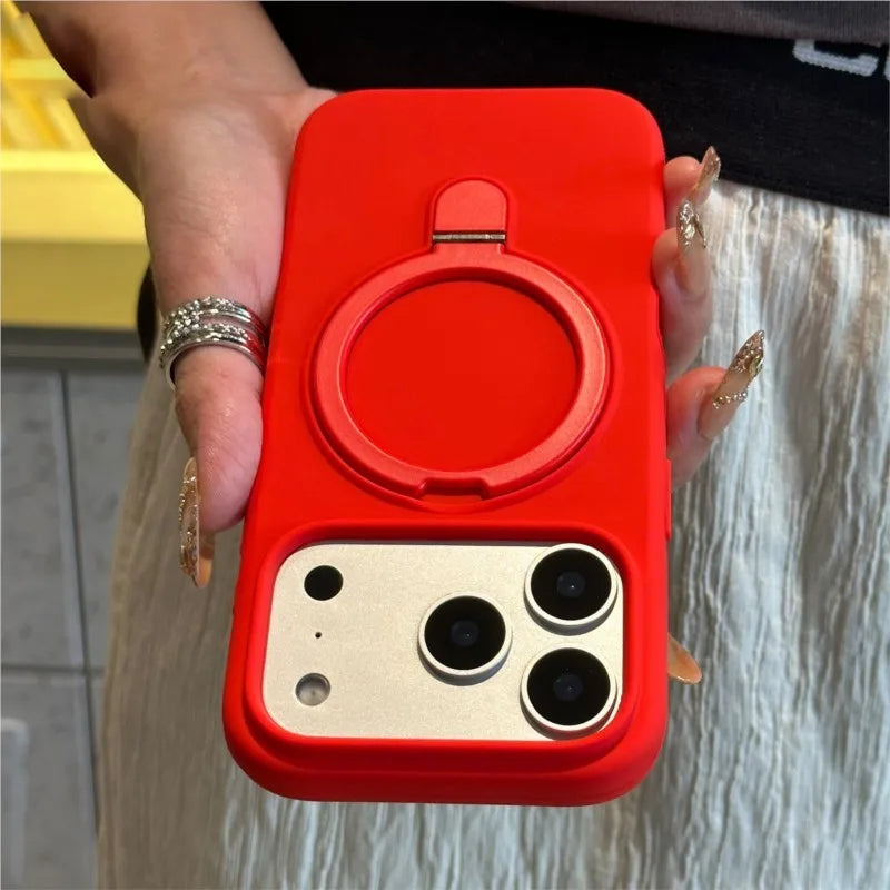 Metal Stand Holder Original Liquid Silicone Case for iPhone 17 Air 16 15 14 Plus 13 12 Pro Max For Magsafe Soft Shockproof Cover