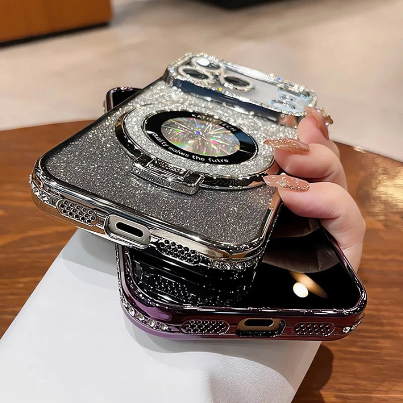 Plating For Magsafe Magnetic Stand Holder Rhinestones Case For iPhone 17 Pro Max 16 11 12 13 14 15 Plus Diamond Bumper Cover