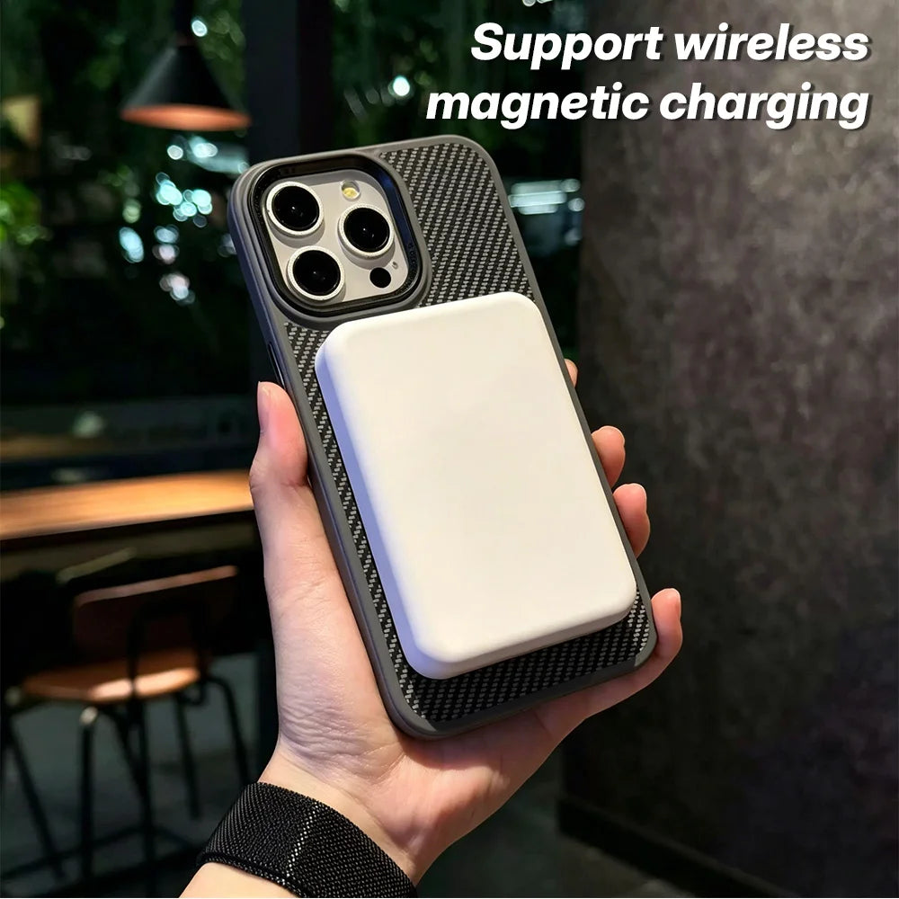 Carbon Fiber Texture For Magsafe Magnetic Bracket Phone Case For iPhone 17 11 12 13 14 15 16 Pro Max Glass Lens Protector Cover