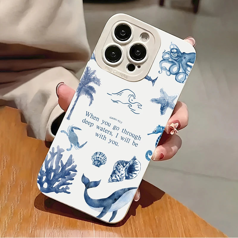 For iPhone 17 16 15 14 13 12 11 Pro Max XS XR 8 7 Plus 16e 17e Air Sea Turtles Sharks Whales Ocean Life Design Phone Case Cover