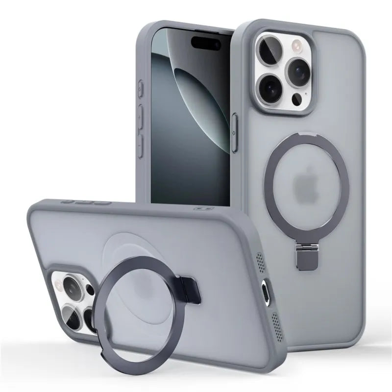 Matte Metal Ring Magnetic Phone Case for Magsafe IPhone 11 12 13 14 15 16 17 Air Pro Max Plus 17Pro KickStand Holder Cover