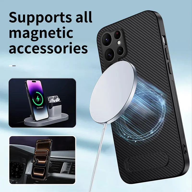 Carbon Fiber Magnetic Stand Case for Samsung Galaxy S26 Ultra S25 Edge S24 S23 S22 S21 S20 Ultra Plus S25 FE for Magsafe Cover