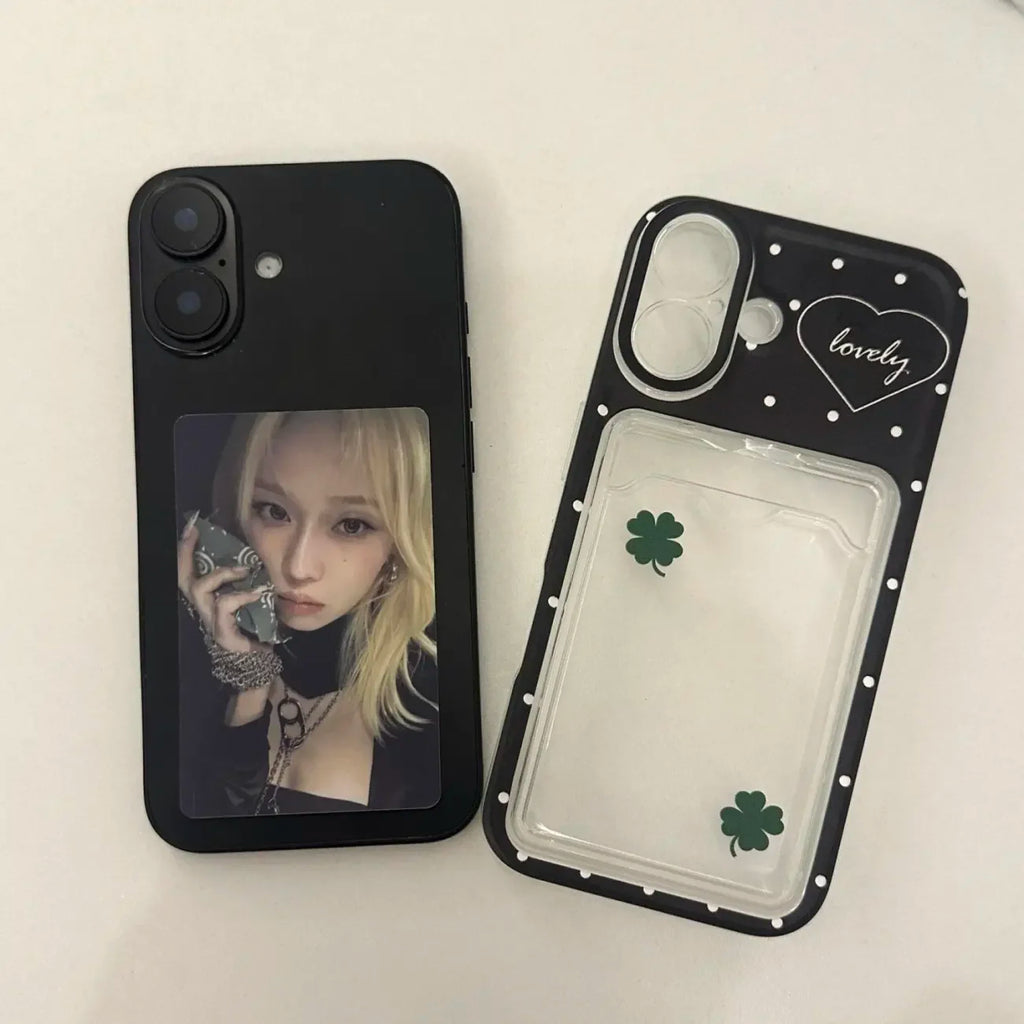 Korean ins Cute Polka Dot Cartoon Clover Card Set Phone Case For iPhone 17 AIR 16 15 14 13 12 11 Pro XR Max 7 8 Plus Y2K Cover ﻿