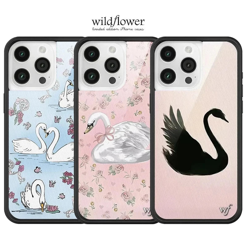 Wildflower 3D Black Swan Phone Case for iPhone 12 13 14 15 16 17 Pro Max Plus Fashion Sweet-Swan Lake Soft Edge Back Cover Cases