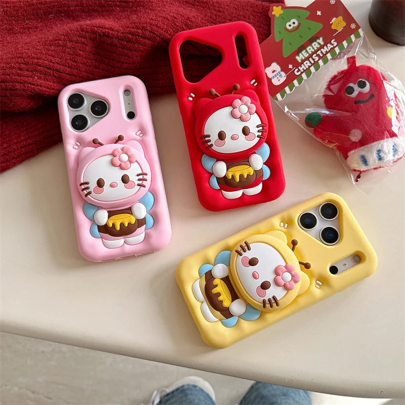 For iPhone 17 16 15 14 13 12 11 Pro Max Plus Sanrio Cute 3D Cartoon Bee Hello Kitty Phone Case Stand Holder Silicone Cover