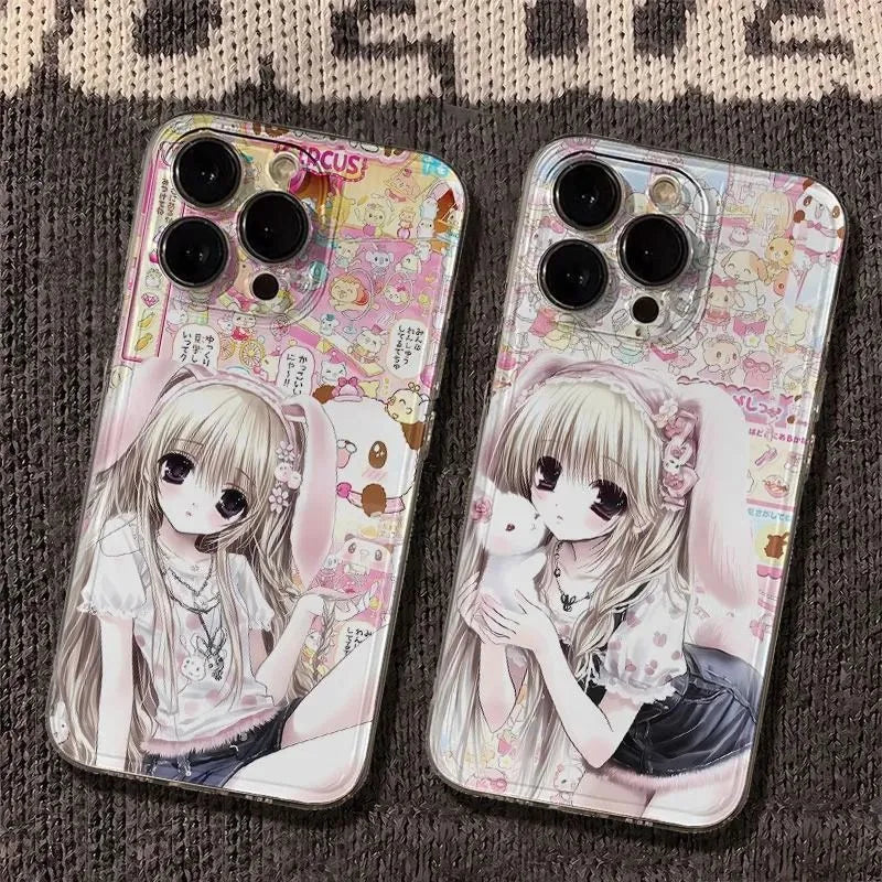 Kawaii Chibi Bunny Girl Rabbit Clear Phone Case for iPhone 17 16 15 14 13 12 11 16E Series Pro Max Plus Double Layer Protection