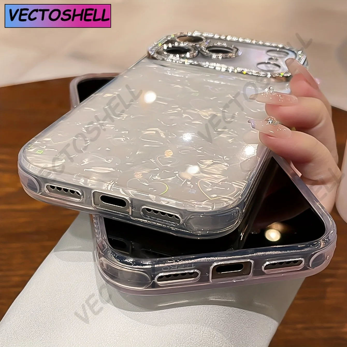 Elegant Glitter Crystal Love Laser shell pattern Phone Case For iphone 17 Air 16 15 14 Plus 13 12 Pro Max Soft Lens film Cover